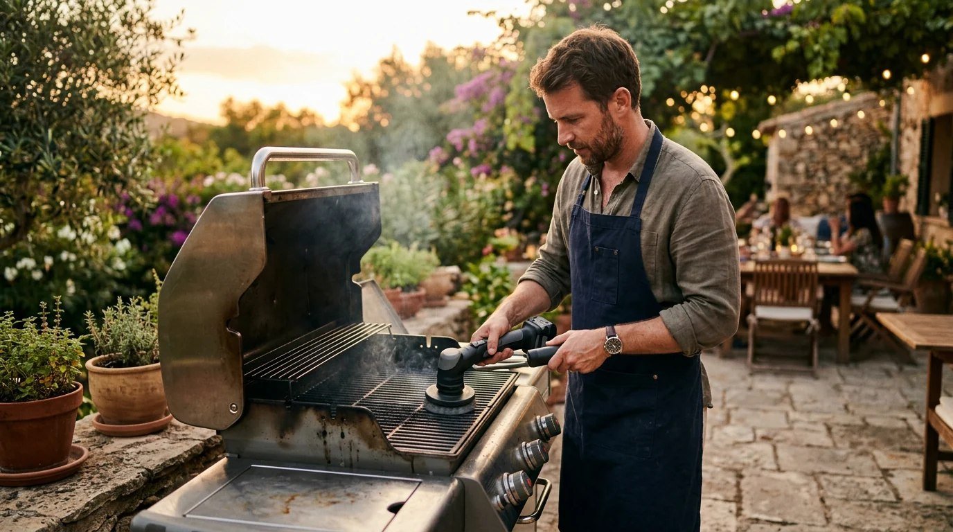 Uomo con grembiule che pulisce il barbecue in giardino con la spazzola elettrica rotante nella luce del tramonto